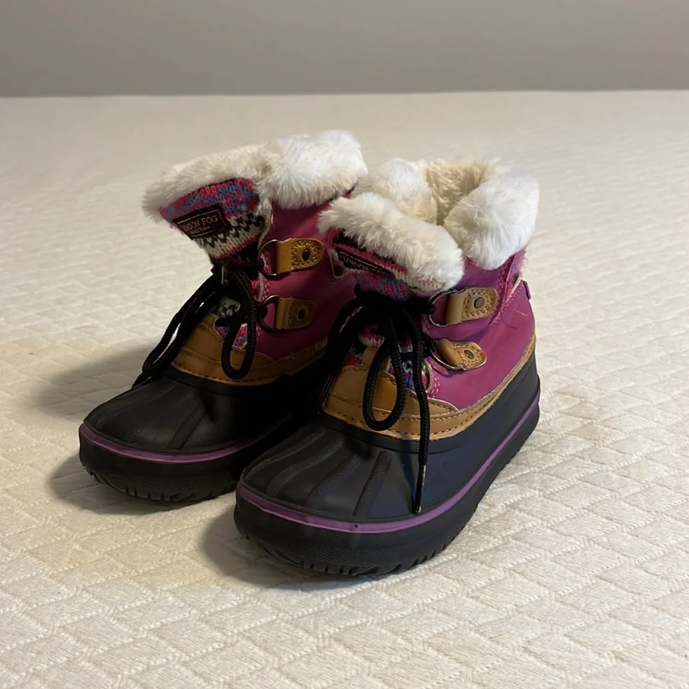 London Fog winter boots, sweater knit uppers, faux fur, pink/brown kids 10